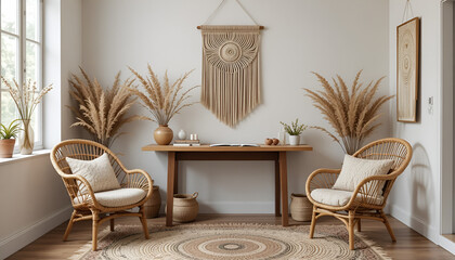 Boho Style Living Room Interior with Natural Decor and Neutral Tones