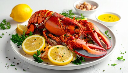 Delicious Whole Cooked Lobster Served with Sliced Lemon, Fresh Parsley, and Butter Sauce on a White Plate