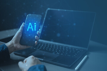 Artificial intelligence concept showing AI interface on smartphone with digital neural network, representing smart technology, machine learning, data connectivity, automation, and digital systems.