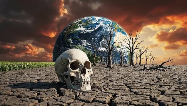 A striking visual representation of climate change, depicting a stark contrast between a lush, vibrant environment and a desolate, barren landscape, with a human skull symbolizing the dire consequenc.