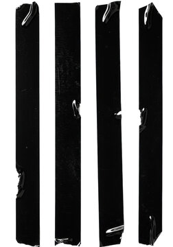 Four vertical strips of black gaffer tape with distressed texture, fingerprints and torn edges isolated on a white background. Abstract grunge design concept
