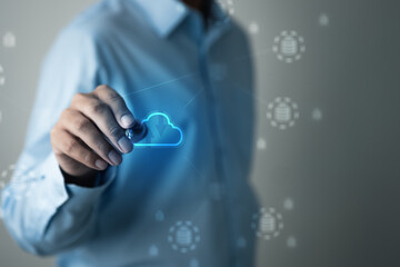 Cloud computing concept showing data upload and online storage with digital network interface, representing secure cloud infrastructure, data management, backup solutions, and technology systems.