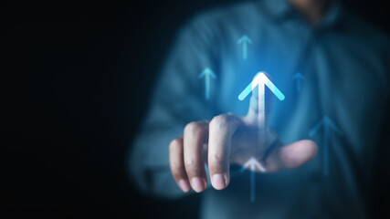 Business growth concept with upward arrow and digital data visualization, representing financial...