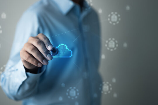 Cloud computing concept showing data upload and online storage with digital network interface, representing secure cloud infrastructure, data management, backup solutions, and technology systems. - Powered by Adobe