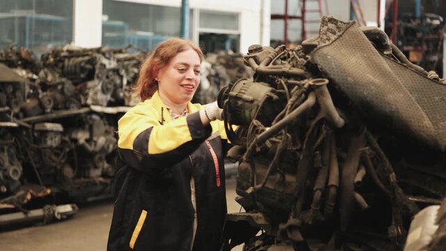 Professional Hispanic mature female mechanic fixing used machines and auto engine spare parts in warehouse stacks, checking distribution stock in manufacturing factory, and industrial worker career.