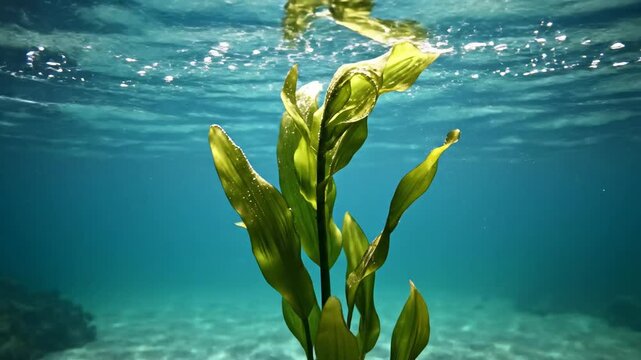 A lone stalk of Elodea plant sways rhythmically in clear underwater environment, showcasing aquatic life and serene beauty.