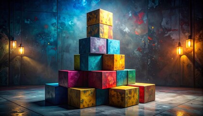 Vibrant cubes stacked in a pyramid formation on a tiled floor illuminated by spotlights in a dimly lit room