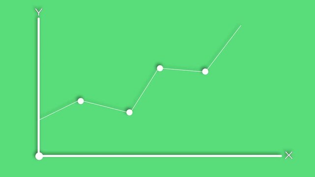 Simple white coordinate system with x and y axis showing an upward line on a green backdrop, symbolizing mathematical functions, statistical research and development
