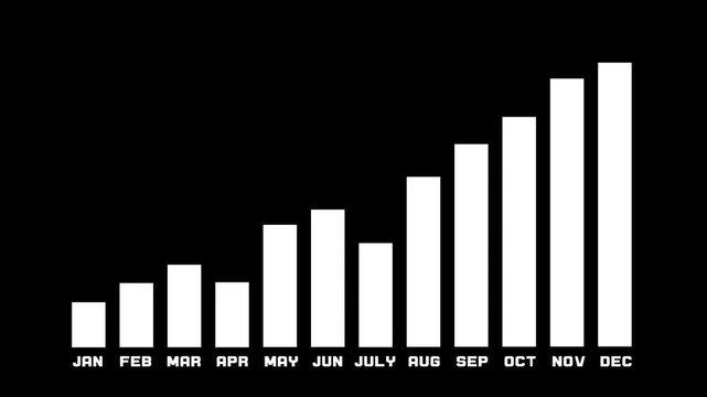 White business bar chart showing monthly growth from February to December on a black background, representing financial success and annual profit trends