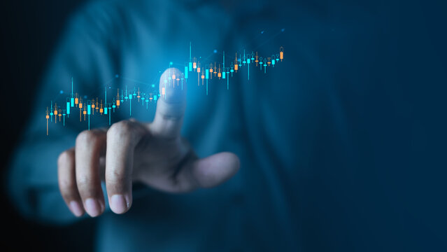Stock market analysis concept with digital candlestick chart and upward trend, representing financial data, trading strategy, investment growth, market performance, and economic insights. - Powered by Adobe