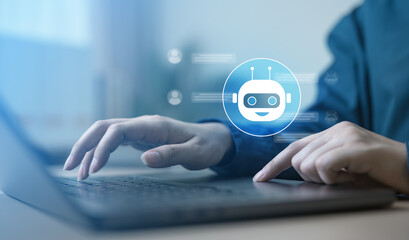 AI chatbot and virtual assistant concept showing automated conversation on laptop interface, representing artificial intelligence, customer support, digital communication, and smart technology.