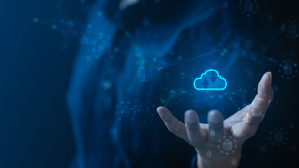 Big data and cloud computing concept with digital data flow, database connections, analytics visualization, and modern technology infrastructure for business intelligence and information processing.