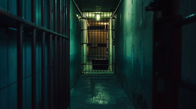 Deep prison corridor narrows toward a distant cell door under harsh green and blue lighting.