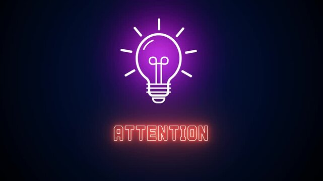Neon glowing light bulb icon with Attention text on a dark background, representing urgent warnings, critical notices, important updates and caution signals