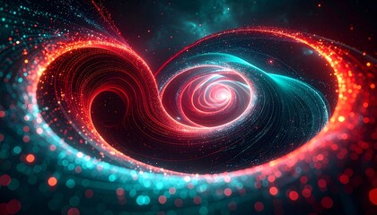 Vibrant swirling heart-shaped vortex glowing with neon red and blue lights from a cosmic viewpoint