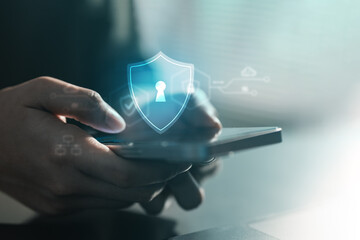 Mobile data privacy and cybersecurity protection concept showing secure smartphone access with digital shield and encryption, representing trust, secure communication, and data protection.