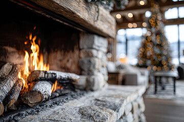 Naklejka premium Winter lodge with glowing fireplace and decorated tree 