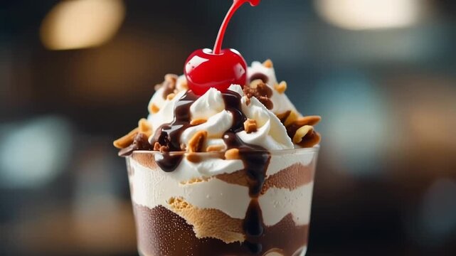 Decadent Chocolate Sundae Parfait Topped with Whipped Cream Nuts and a Bright Red Cherry