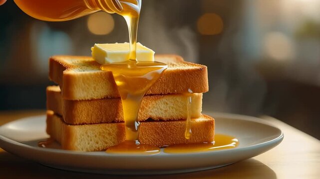 Thick golden honey pouring over a melting pat of butter on a stacked pile of fresh toast creating a rich breakfast or dessert.