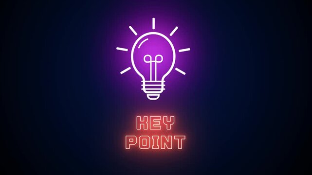 Neon glowing light bulb icon with Key Point text on a dark background, representing main highlights, essential takeaways, core ideas and strategic focus points