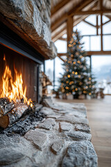 Naklejka premium Winter lodge with glowing fireplace and decorated tree 