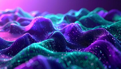 Vibrant neon waves undulating across a futuristic landscape, viewed from a low angle, with glowing particles scattered throughout the scene