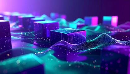A vibrant digital landscape featuring futuristic cubes and wavy lines, illuminated by neon lights and particles, creating a dynamic, 3D-like environment from a low-angle viewpoint.