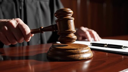 Judge holding a gavel in a courtroom setting with documents