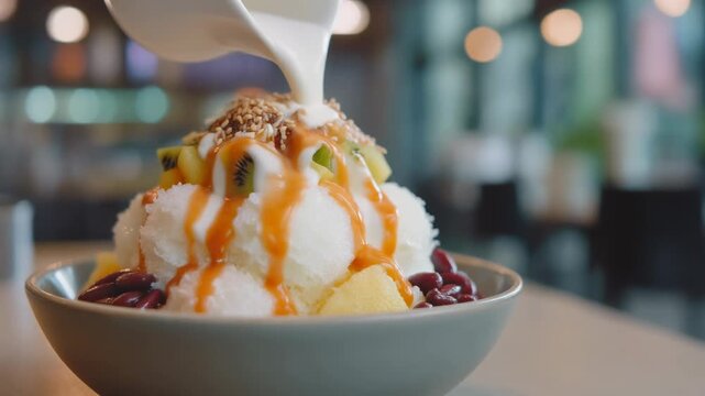 Creamy milk being poured over colorful Bingsu a refreshing Korean shaved ice dessert with sweet red beans kiwi and caramel syrup in a cafe setting.
