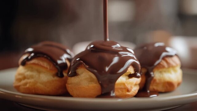 Chocolate sauce pouring over delicious profiteroles or cream puffs a classic French dessert presentation