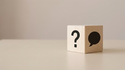 Minimalist Wooden Block with Question Mark and Speech Bubble Icons Representing FAQ Support and Customer Communication