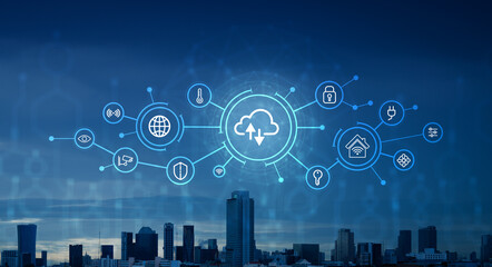 Smart city and cloud computing concept with connected IoT devices and artificial intelligence, showing urban digital infrastructure, data exchange, automation, and intelligent network communication.