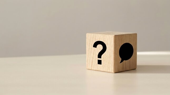 Close-up of Wooden Cube with Question Mark and Chat Icons for Business FAQ and Help Desk Support Concept