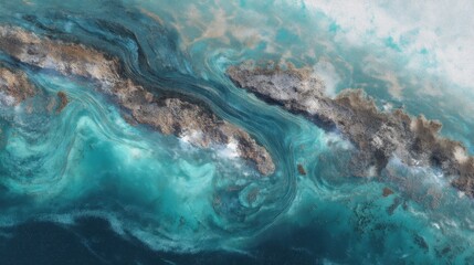 Rocky shoreline with a blue ocean in the background. The rocks are scattered throughout the scene, with some larger and some smaller. The painting has a calming and serene mood, with the blue ocean