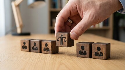 Concept of Fair Leadership and Legal Representation in the Workplace with Hand Placing a Justice Icon Wooden Block Among Person Icons