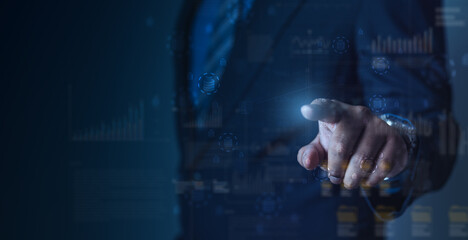 Hand interacting with digital data flow interface showing cloud networks, databases, and analytics connections, representing big data processing, cloud computing, and enterprise data visualization.