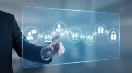 Omnichannel retail experience concept showing customer journey icons on a transparent digital display with businessman.