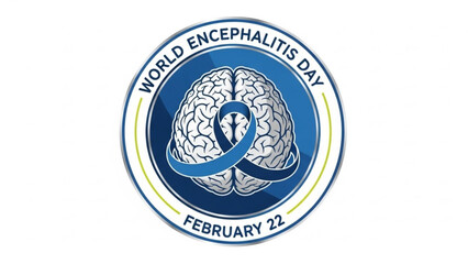 A blue and white logo for World Encephalitis Day on February 22nd featuring a brain with a ribbon