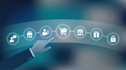 Abstract customer journey and digital retail marketing concept showing an e-commerce flow diagram on blue background.