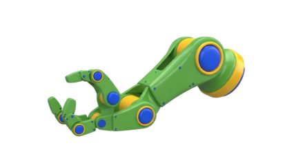 Green and Yellow Robotic Arm with Blue Joints on Black Background 1