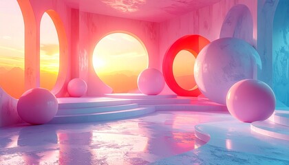 Spheres scattered in a futuristic, surrealistic, modern, arched, illuminated interior space with vibrant colors and reflective floor at sunset