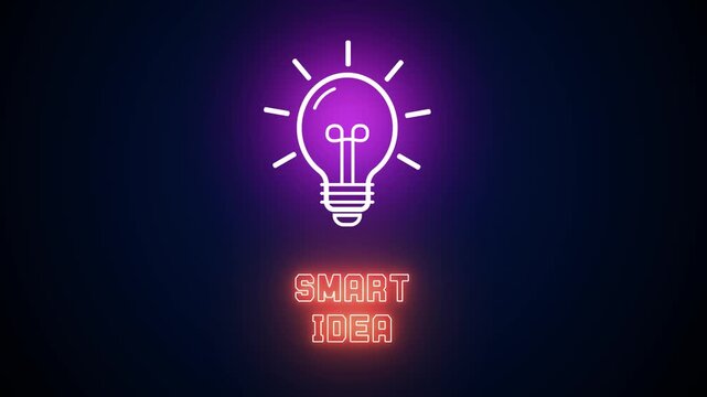 Bright purple and orange neon sign featuring a light bulb for smart thinking, symbolizing mental clarity, brain power and effective strategy