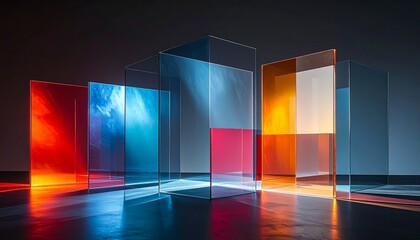 Modern glass panels with vibrant colors in an abstract architectural display viewed from a central perspective indoors