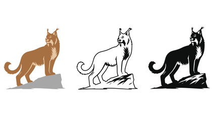 A stylized illustration of a lynx in three different color variations standing on a rock