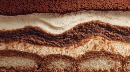 Slice of cake with a brown and white frosting. The cake is cut into layers and has a chocolatey flavor