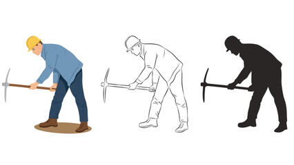 A man in different styles holding a pickaxe in various poses