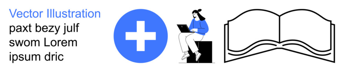 Fototapeta premium Education, healthcare, technology, remote work, digital access, medical resources. A person sitting on a box while using a laptop next to a blue cross and an open book. Education and healthcare focus