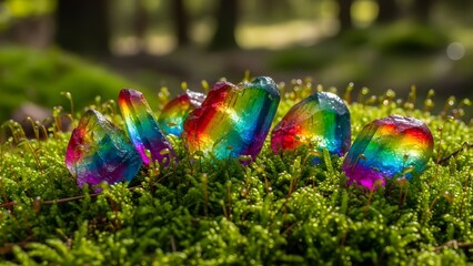 Obraz premium A close-up shot of six rainbow-colored stones arranged on green moss with a shallow depth of field, conveying a natural and serene mood in a forest setting.