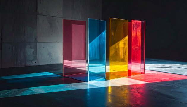 Vibrant glass panels cast colorful reflections on a sleek, modern concrete floor in a dimly lit industrial space