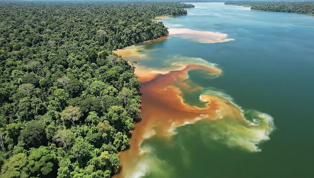 Aerial view of the Amazon rainforest and a river with distinct water colors.